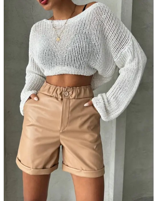 Omarı Beli Lastikli Deri Şort Bej