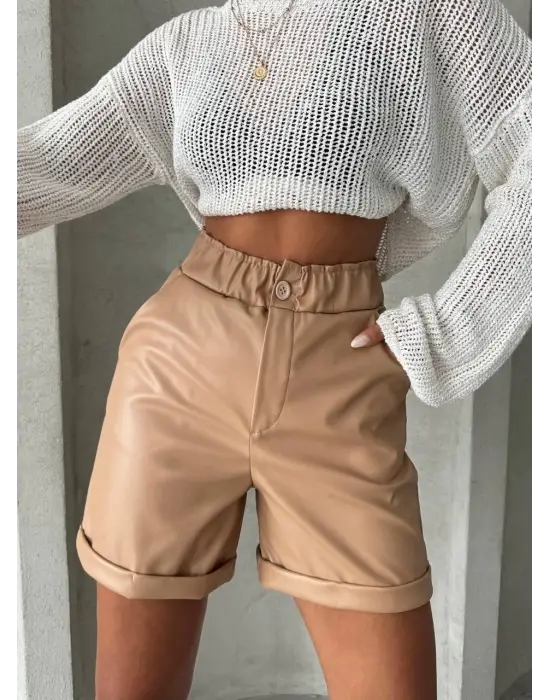 Omarı Beli Lastikli Deri Şort Bej