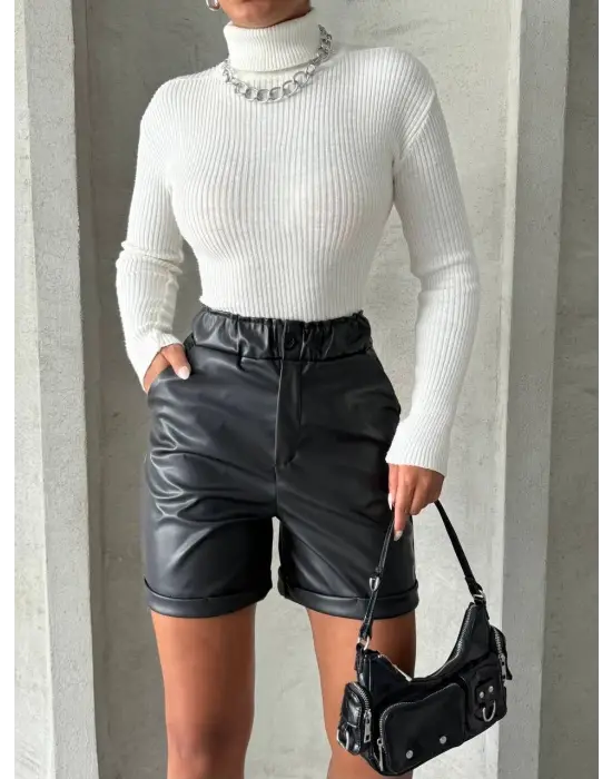 Omarı Beli Lastikli Deri Şort - Siyah, Duble Paça