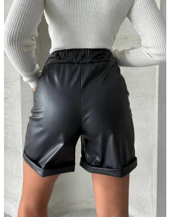 Omarı Beli Lastikli Deri Şort - Siyah, Duble Paça