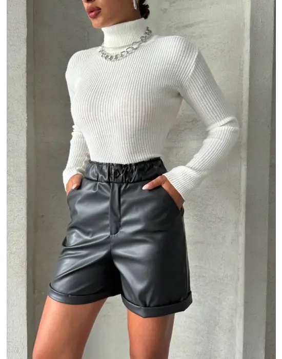 Omarı Beli Lastikli Deri Şort - Siyah, Duble Paça