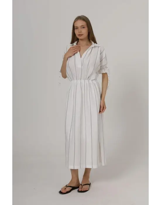 Beli Lastikli Elbise - Beyaz