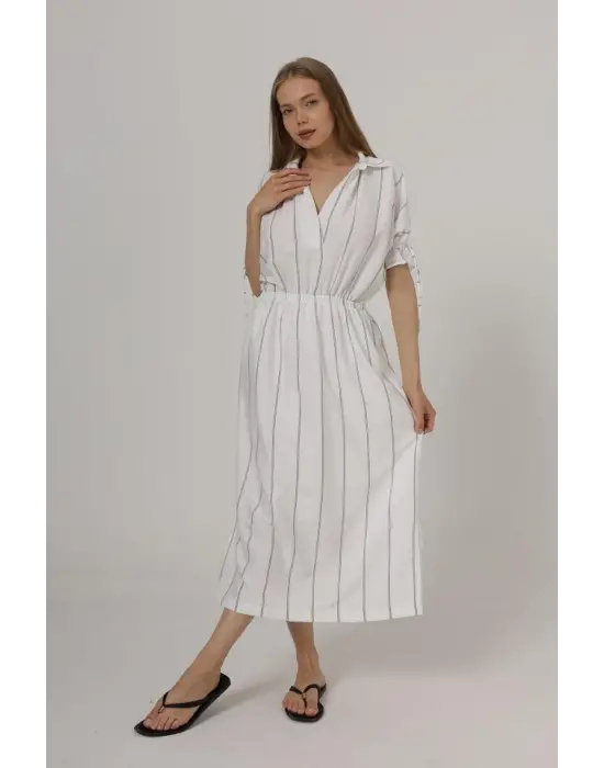 Beli Lastikli Elbise - Beyaz