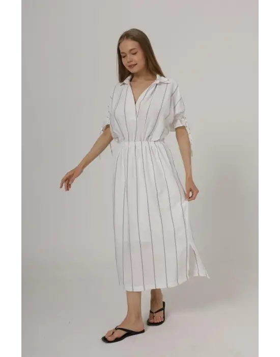 Beli Lastikli Elbise - Beyaz