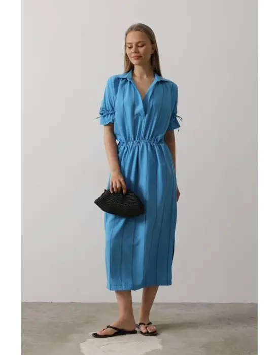 Beli Lastikli Elbise - Mavi