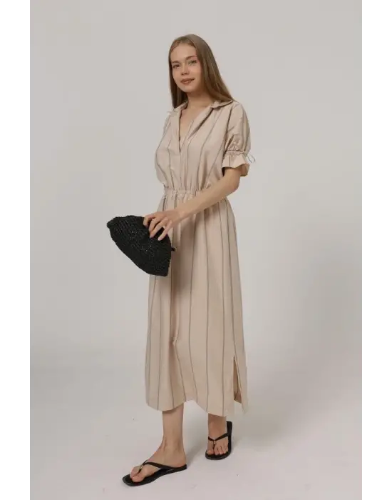 Beli Lastikli Elbise - Taş