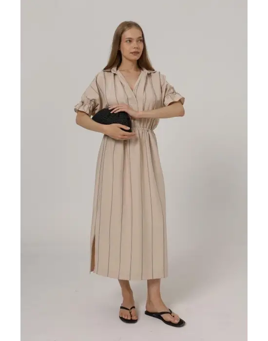 Beli Lastikli Elbise - Taş