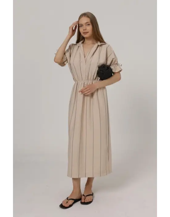 Beli Lastikli Elbise - Taş