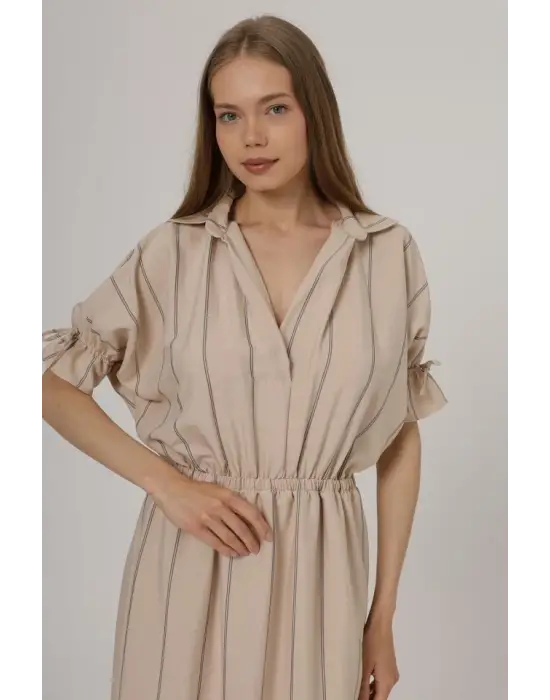 Beli Lastikli Elbise - Taş