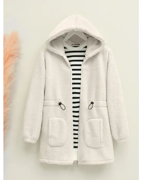 Beli Lastikli Kapşonlu Fermuarlı Peluş Mont  -Bej