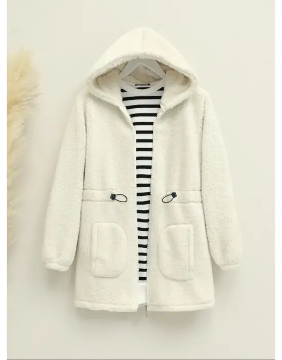 Beli Lastikli Kapşonlu Fermuarlı Peluş Mont -Ekru