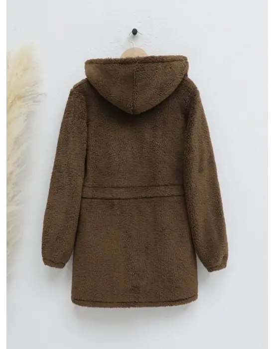Kahve Beli Lastikli Kapşonlu Fermuarlı Peluş Mont Kadın Giyim