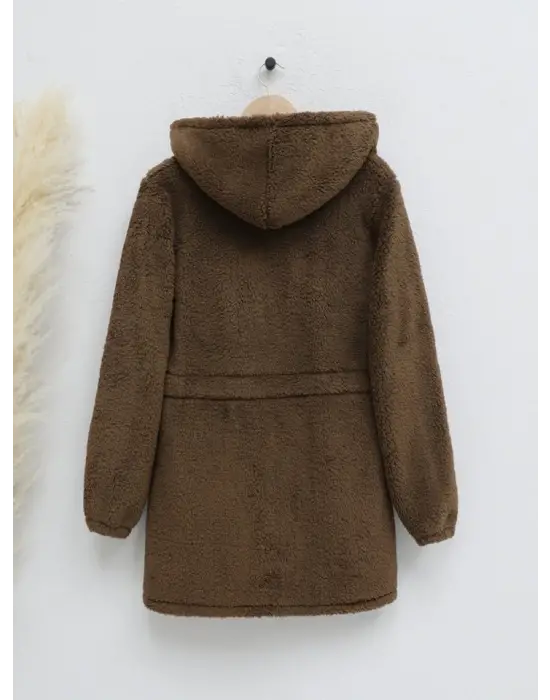 Beli Lastikli Kapşonlu Fermuarlı Peluş Mont -Kahve