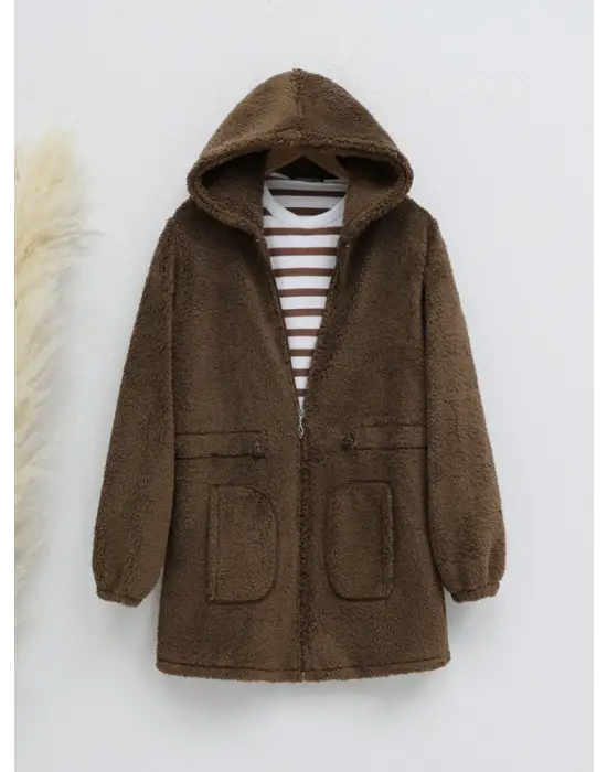 Kahve Beli Lastikli Kapşonlu Fermuarlı Peluş Mont Kadın Giyim