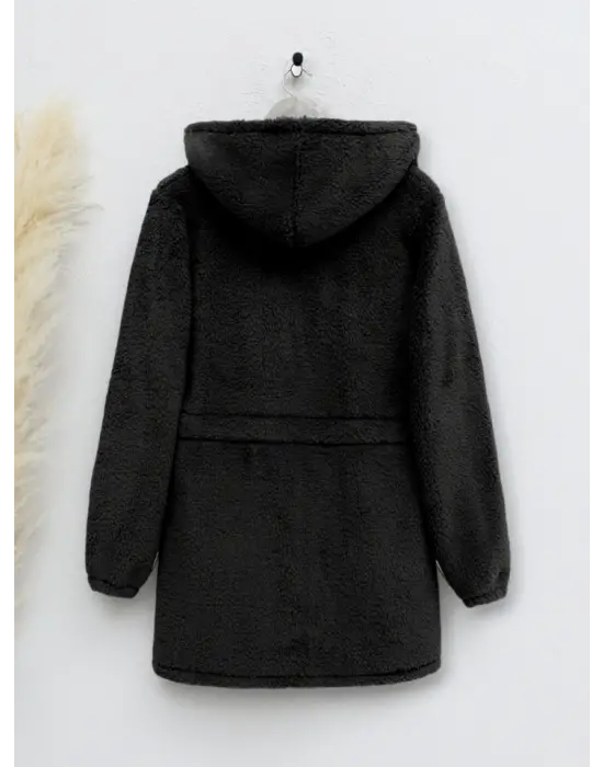 Beli Lastikli Kapşonlu Fermuarlı Peluş Mont -Siyah
