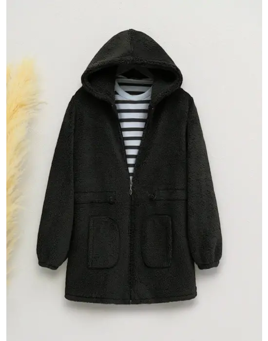 Beli Lastikli Kapşonlu Fermuarlı Peluş Mont -Siyah