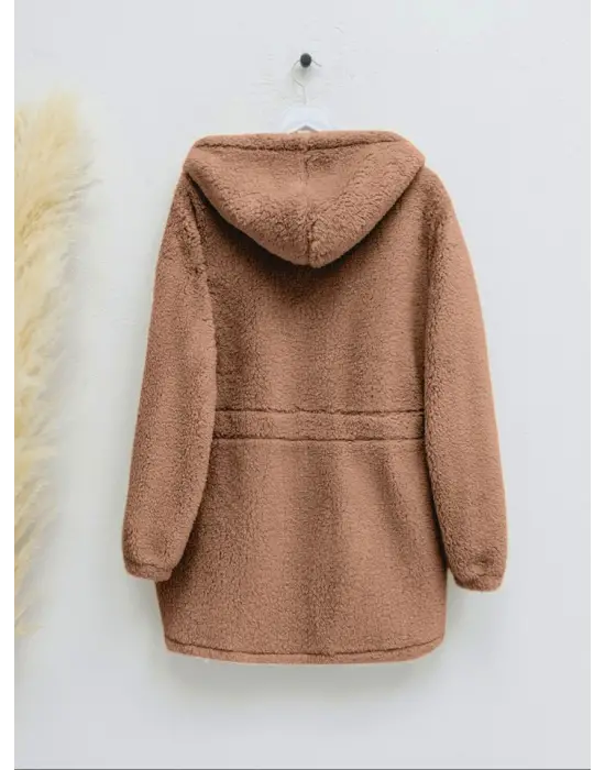 Taba Beli Lastikli Kapşonlu Peluş Mont