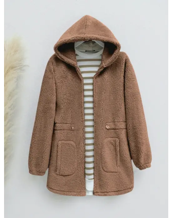 Taba Beli Lastikli Kapşonlu Peluş Mont