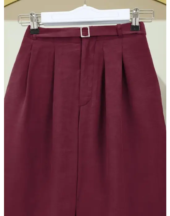 Omarı Bordo Beli Lastikli Tensel Pantolon