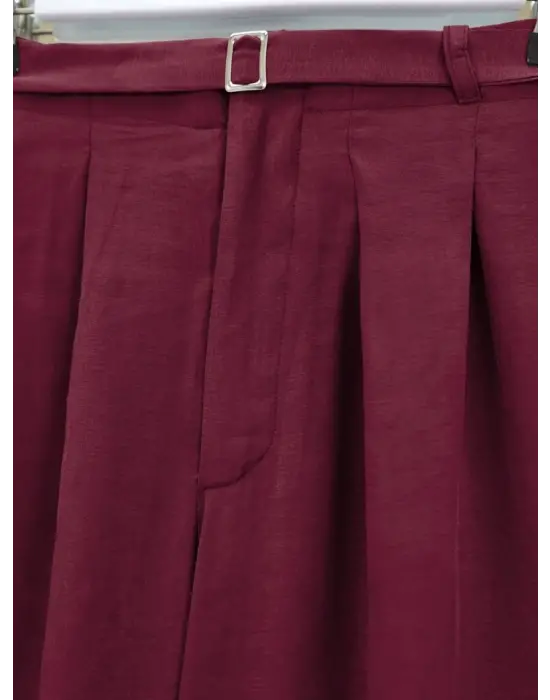 Beli Lastikli Kemer Detaylı Tensel Cupra Pantolon -Bordo