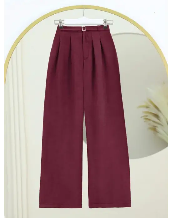 Beli Lastikli Kemer Detaylı Tensel Cupra Pantolon -Bordo