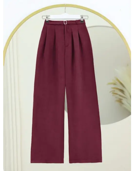 Omarı Bordo Beli Lastikli Tensel Pantolon