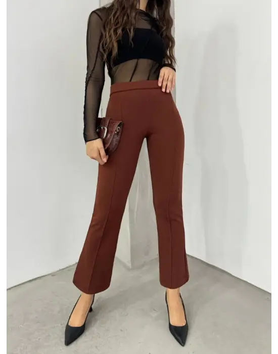 Omarı Esnek Bel Detaylı İspanyol Pantolon - Kahve