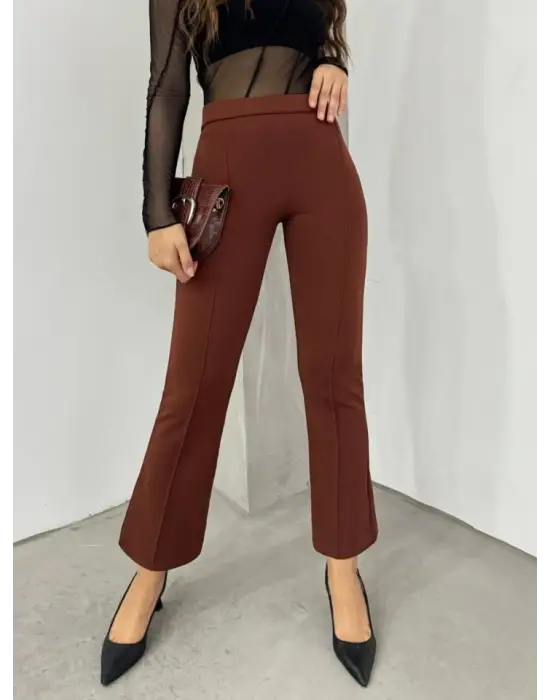 Omarı Esnek Bel Detaylı İspanyol Pantolon - Kahve