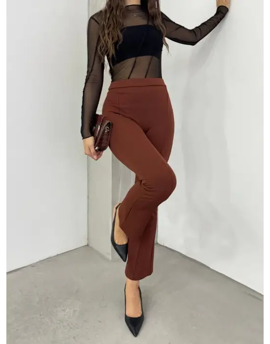 Omarı Esnek Bel Detaylı İspanyol Pantolon - Kahve