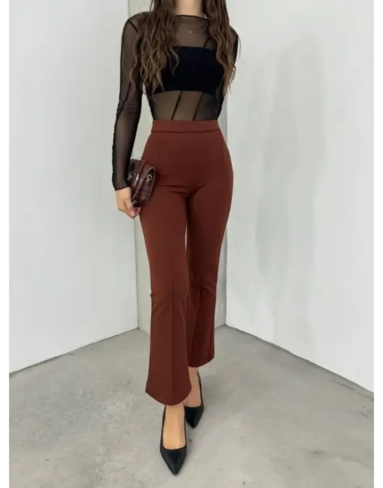 Omarı Esnek Bel Detaylı İspanyol Pantolon - Kahve