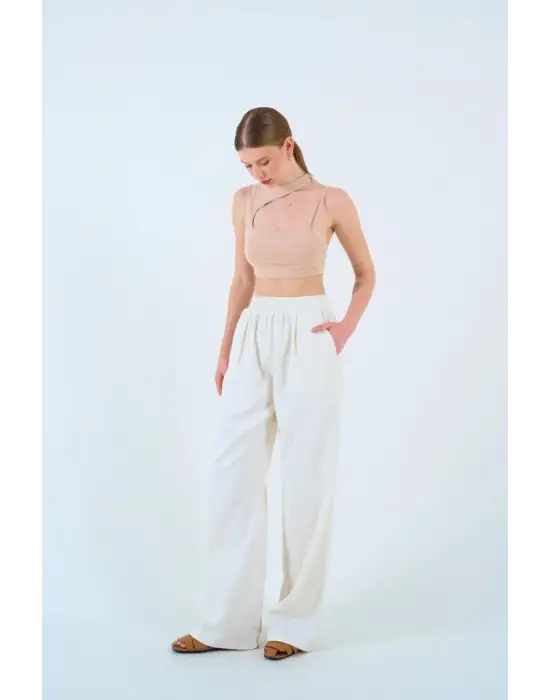 Beli Lastikli Palazo Pantolon - Taş