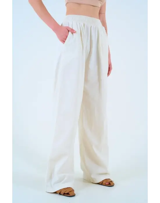 Beli Lastikli Palazo Pantolon - Taş