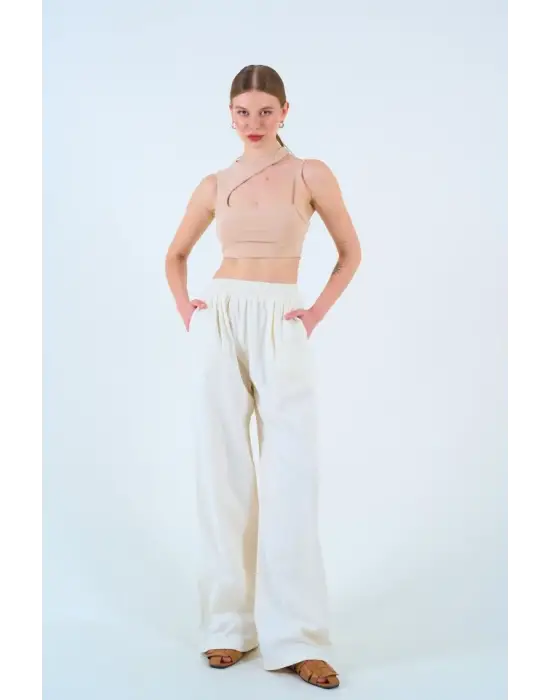 Beli Lastikli Palazo Pantolon - Taş