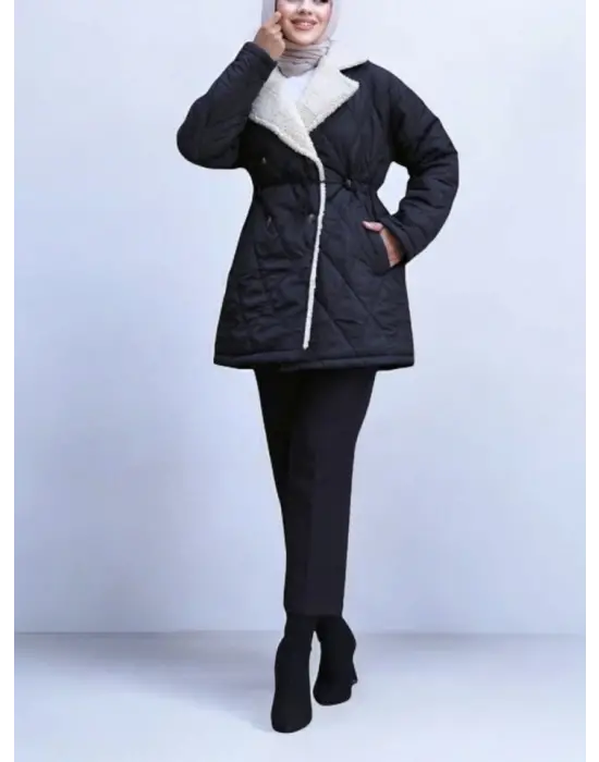 Siyah Beli Lastikli Peluş Kapitone Mont