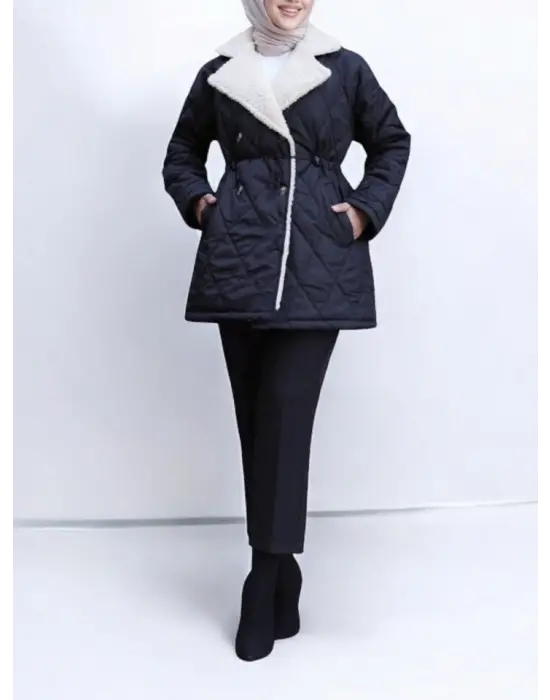 Siyah Beli Lastikli Peluş Kapitone Mont