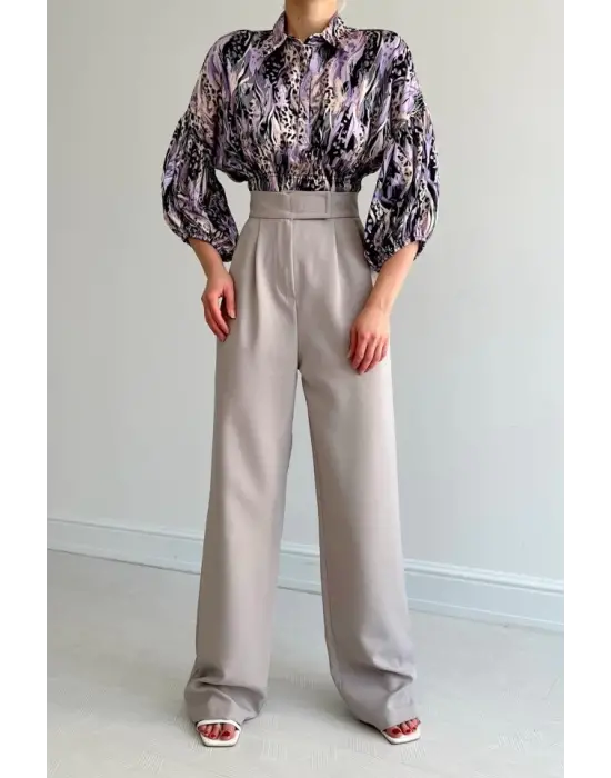 Omarı Saten Beli Lastikli Lila Gömlek