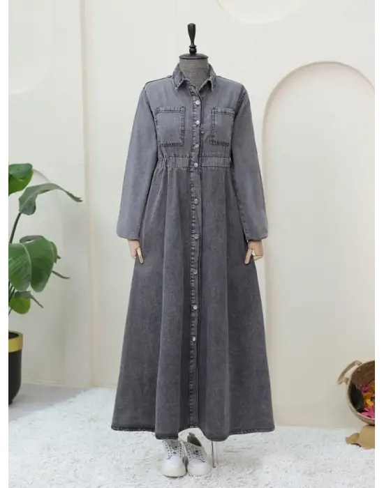 Beli Lastikli Yan Cepli Kot Elbise -Füme