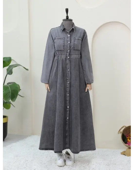 Omarı Beli Lastikli Yan Cepli Kot Elbise - Moda Trendi