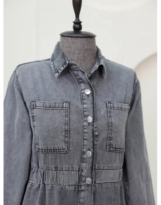 Beli Lastikli Yan Cepli Kot Elbise -Füme