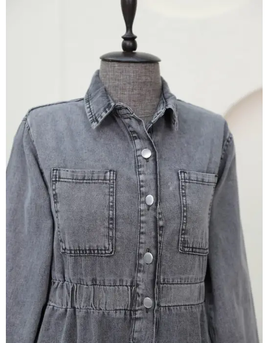 Omarı Beli Lastikli Yan Cepli Kot Elbise - Moda Trendi