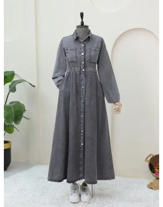 Beli Lastikli Yan Cepli Kot Elbise -Füme