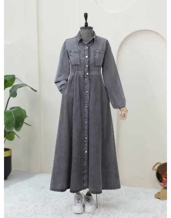 Omarı Beli Lastikli Yan Cepli Kot Elbise - Moda Trendi