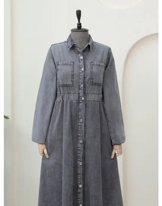 Beli Lastikli Yan Cepli Kot Elbise -Füme