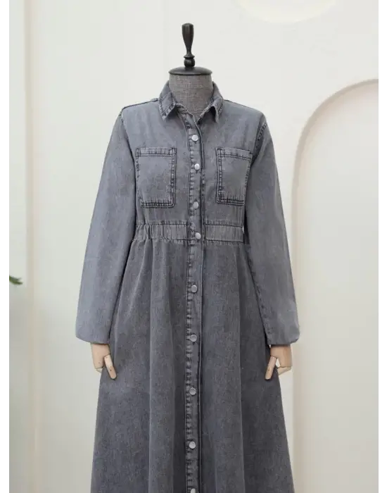 Omarı Beli Lastikli Yan Cepli Kot Elbise - Moda Trendi