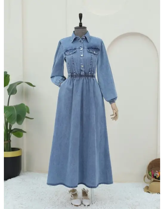 Beli Lastikli Yarım Düğmeli Kot Elbise -Buz Mavi