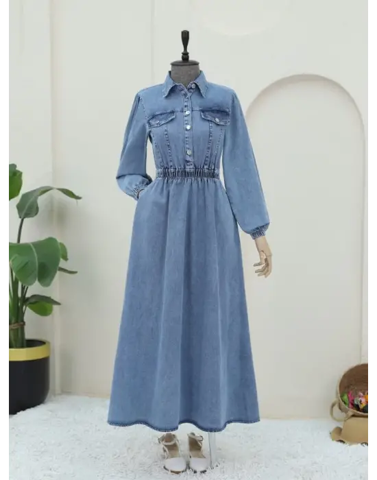 Omarı Yarım Düğmeli Buz Mavi Kot Elbise