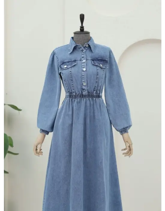 Beli Lastikli Yarım Düğmeli Kot Elbise -Buz Mavi