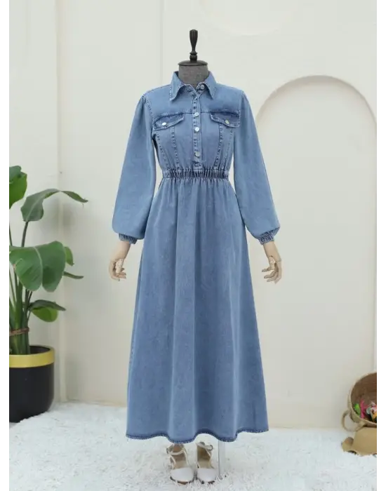 Beli Lastikli Yarım Düğmeli Kot Elbise -Buz Mavi