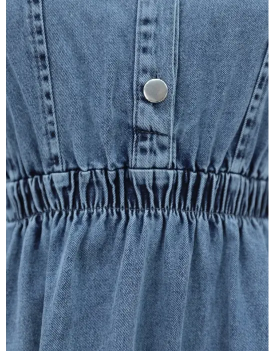 Beli Lastikli Yarım Düğmeli Kot Elbise Buz Mavi