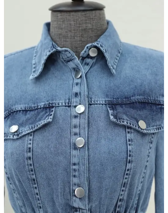 Beli Lastikli Yarım Düğmeli Kot Elbise -Buz Mavi